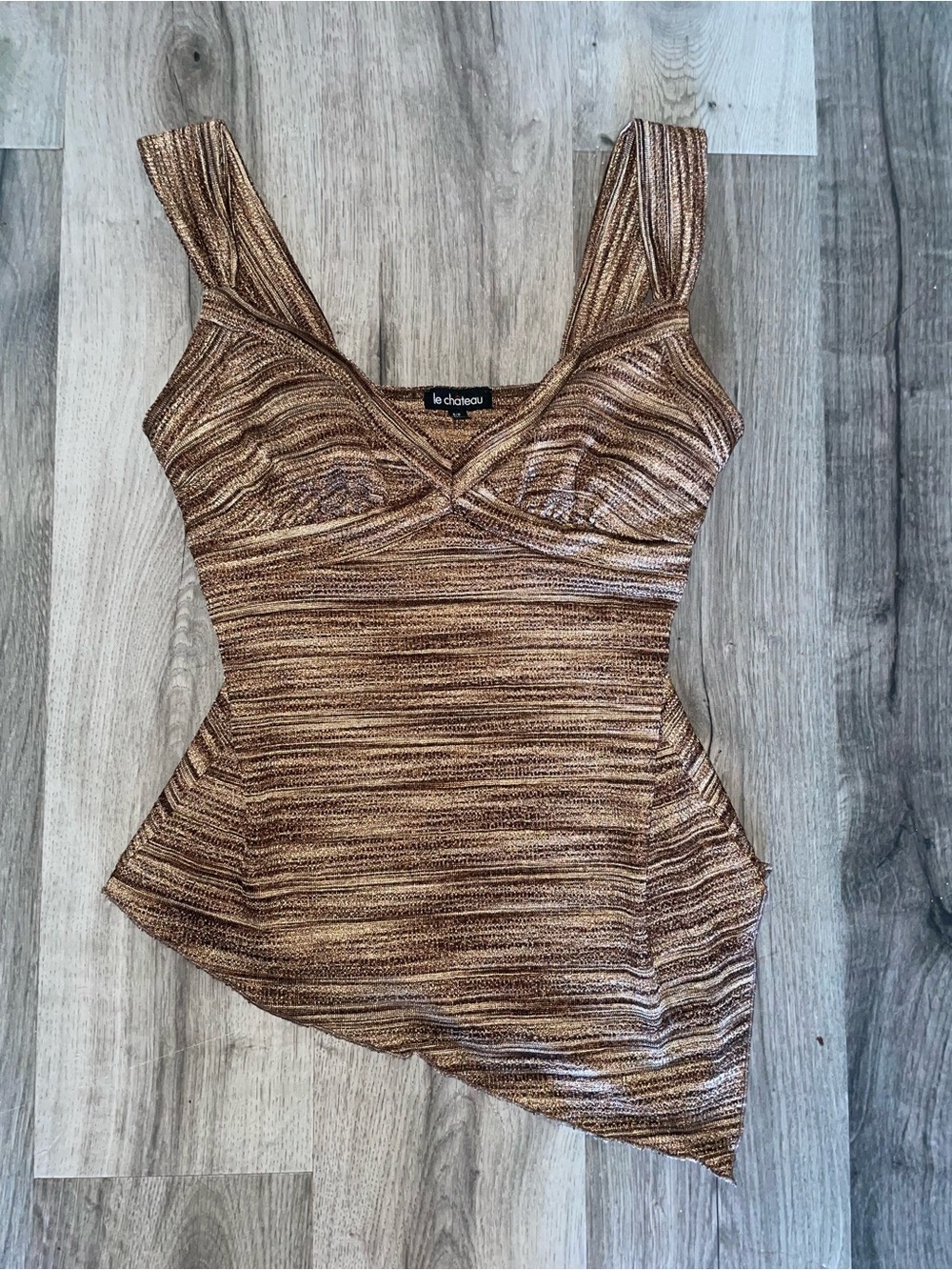 le chateau Metallic Bronze Striped Asymmetrical Camisole